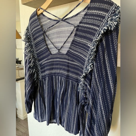 Blue Rain| Francesca’s Beachy Boho Long Sleeve Blouse with Fringe Accents••• - Picture 5 of 10